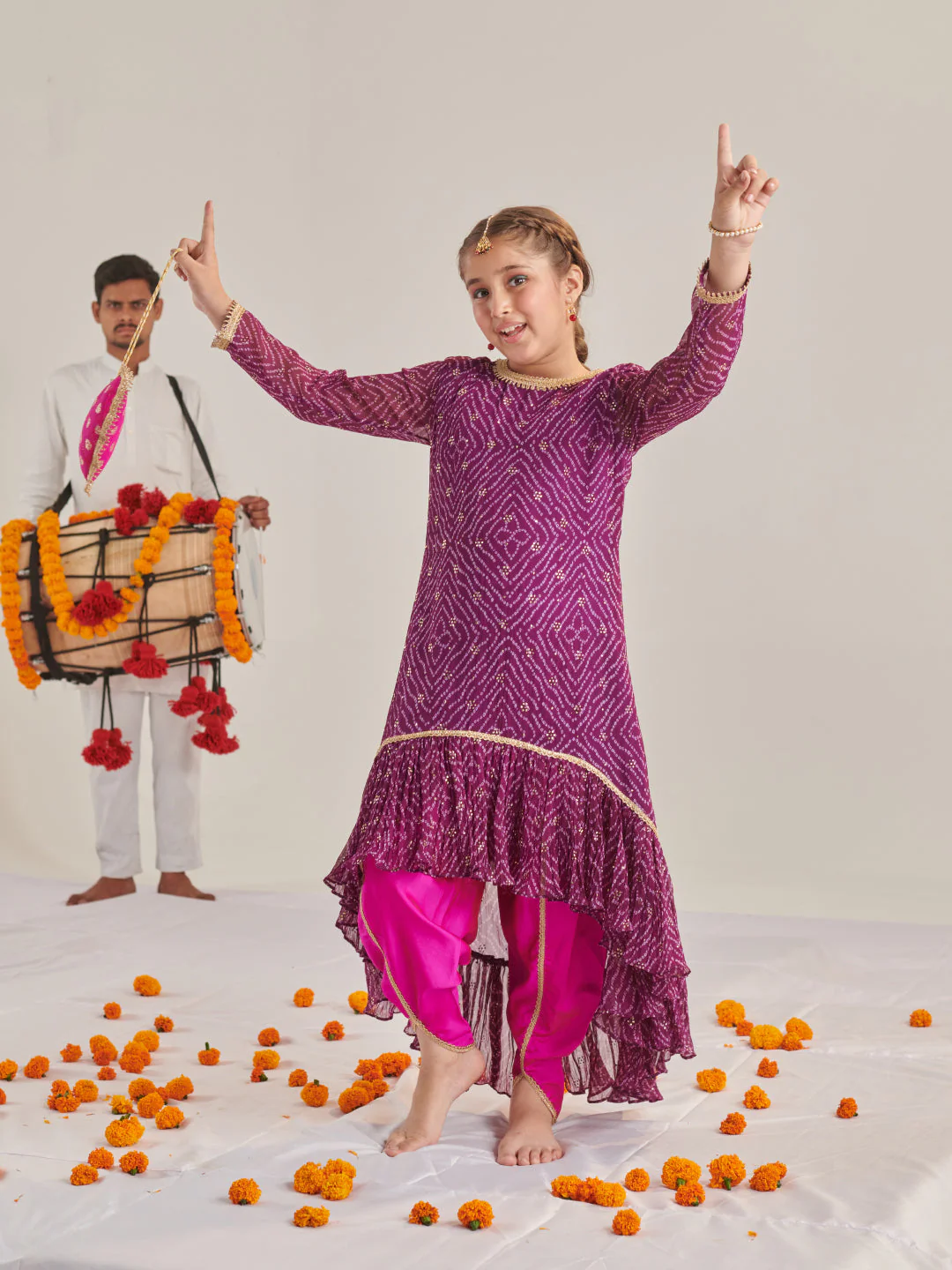 Girls Floral Printed Regular Kurta With Dhoti Pants (DH-PURPLEBANDHNIGGT) - Image 10