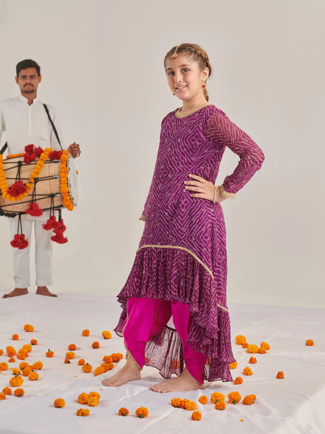 Girls Floral Printed Regular Kurta With Dhoti Pants (DH-PURPLEBANDHNIGGT) - Image 3