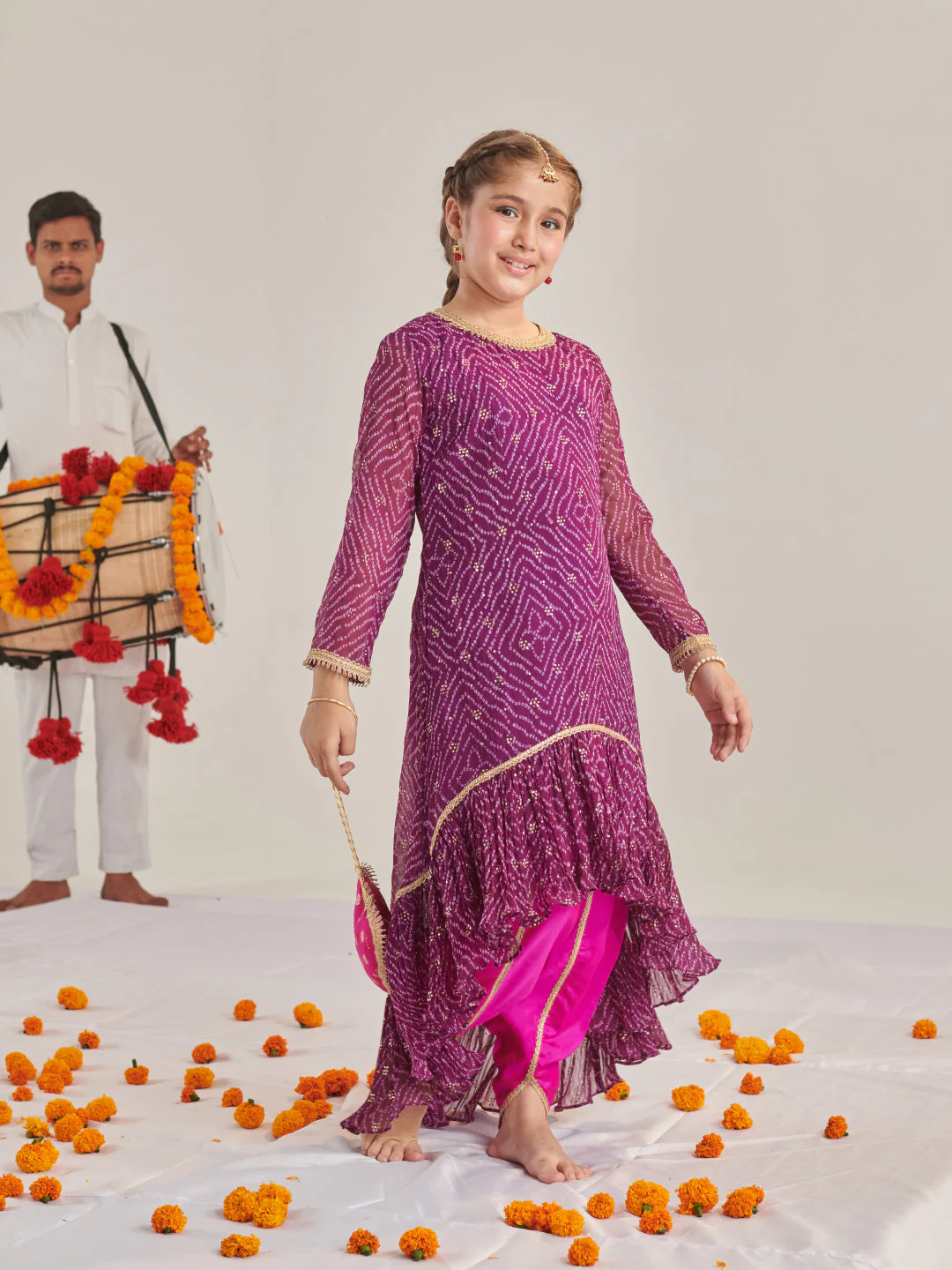 Girls Floral Printed Regular Kurta With Dhoti Pants (DH-PURPLEBANDHNIGGT) - Image 4