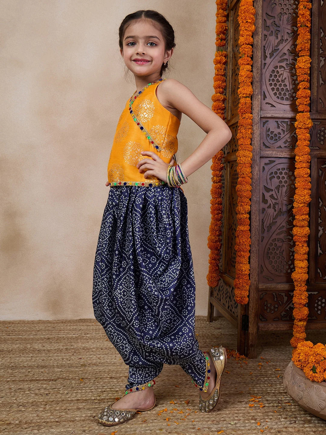 V Neck Sleeveless Printed Top Dhoti Pant Clothing Set (DH-YELLOWBLUEBANDHNI) - Image 3