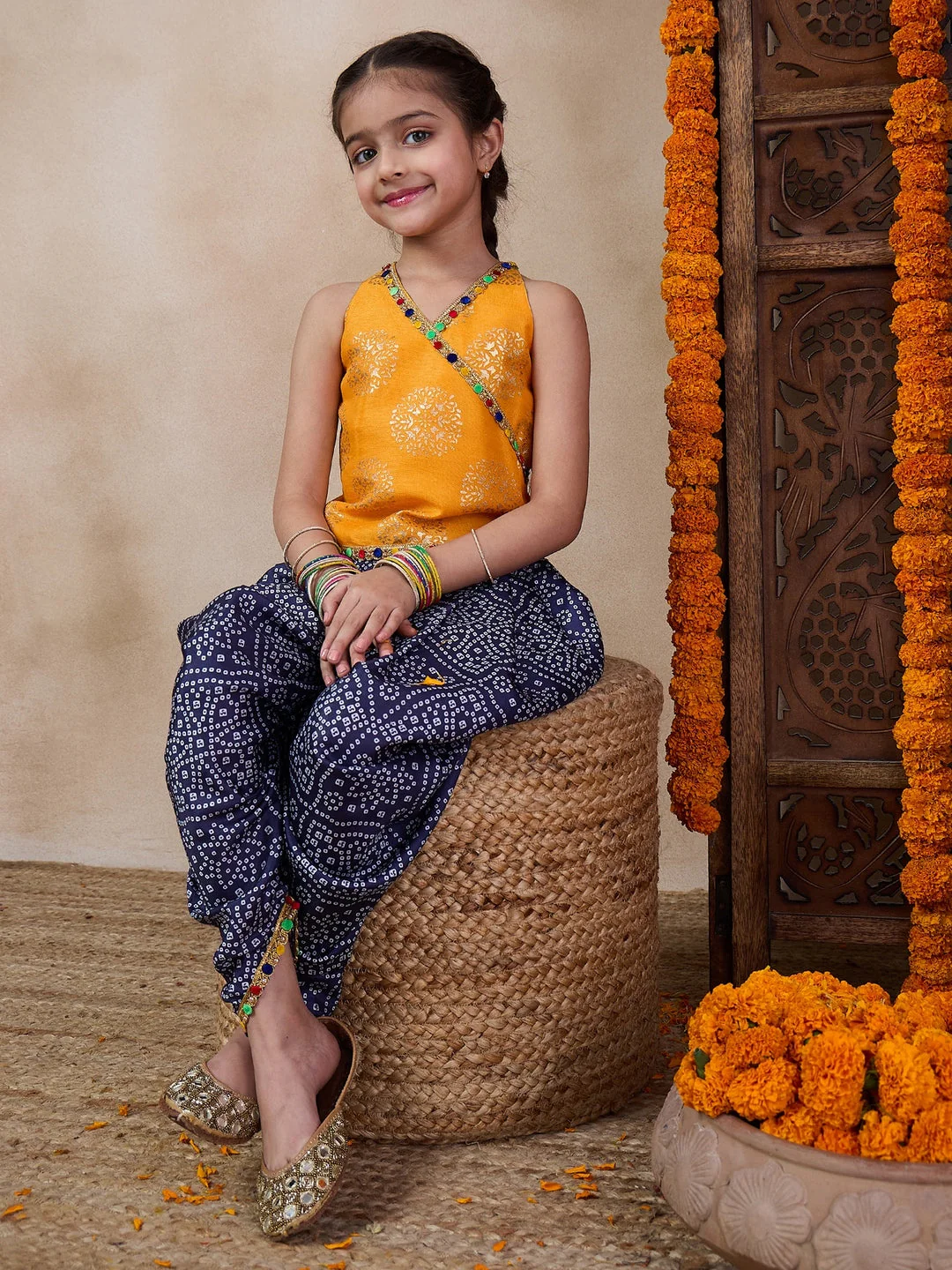 V Neck Sleeveless Printed Top Dhoti Pant Clothing Set (DH-YELLOWBLUEBANDHNI) - Image 4