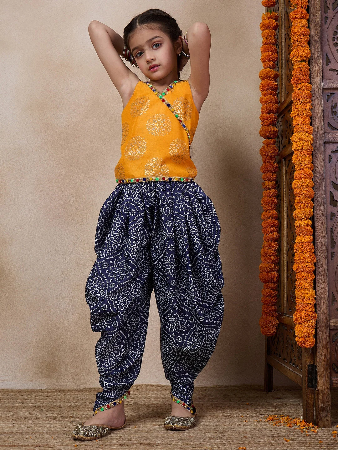 V Neck Sleeveless Printed Top Dhoti Pant Clothing Set (DH-YELLOWBLUEBANDHNI) - Image 5
