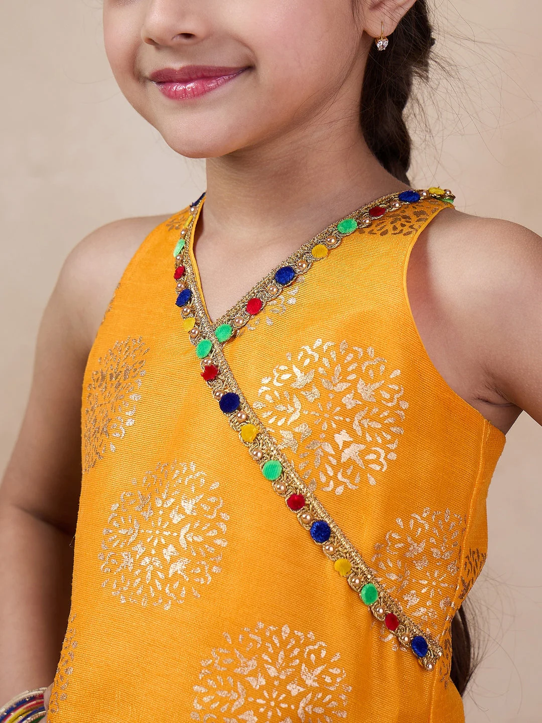 V Neck Sleeveless Printed Top Dhoti Pant Clothing Set (DH-YELLOWBLUEBANDHNI) - Image 6