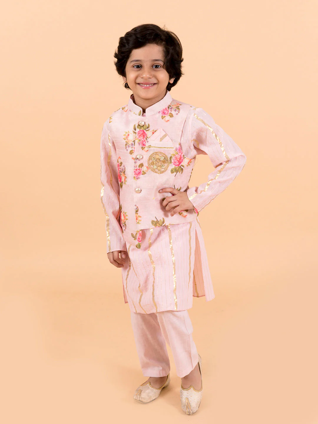 Kids-Boys Pink Floral Printed Pure Cotton Kurta with Trousers and Nehru Jacket (kp-pinkggt) - Image 3