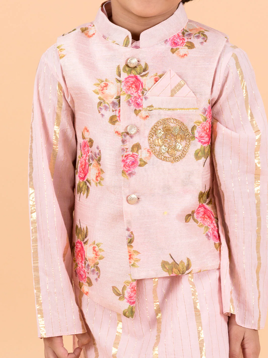 Kids-Boys Pink Floral Printed Pure Cotton Kurta with Trousers and Nehru Jacket (kp-pinkggt) - Image 4