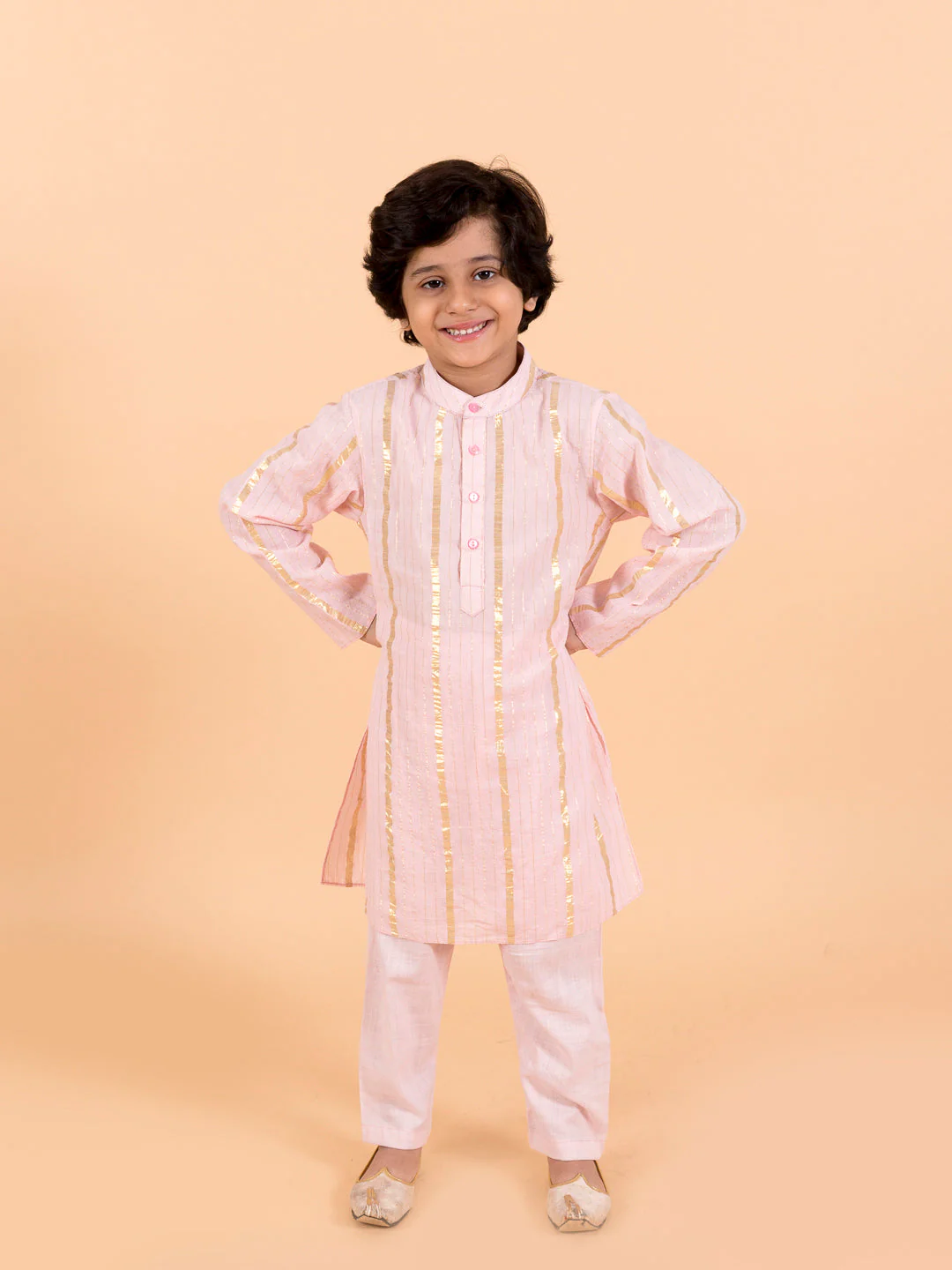 Kids-Boys Pink Floral Printed Pure Cotton Kurta with Trousers and Nehru Jacket (kp-pinkggt) - Image 6