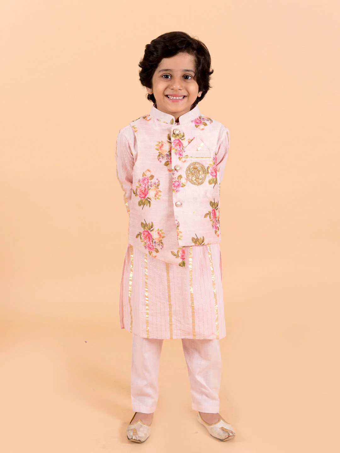 Kids-Boys Pink Floral Printed Pure Cotton Kurta with Trousers and Nehru Jacket (kp-pinkggt) - Image 7