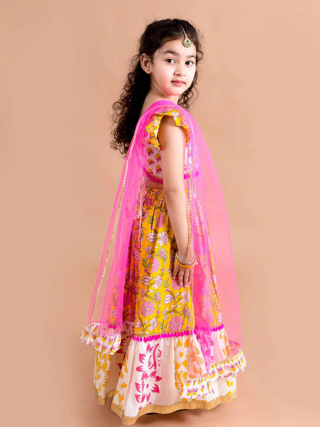 Girls Yellow & White Printed Ready to Wear Lehenga & Blouse With Dupatta (L-yellowpanel) - Image 3