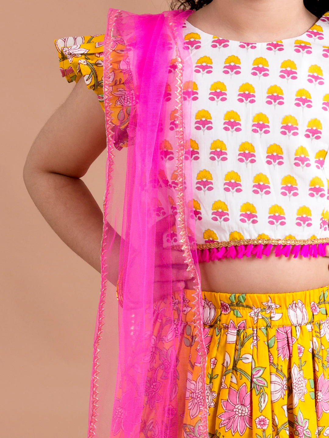 Girls Yellow & White Printed Ready to Wear Lehenga & Blouse With Dupatta (L-yellowpanel) - Image 4