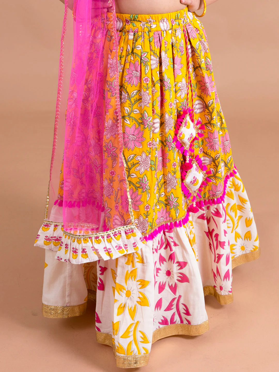 Girls Yellow & White Printed Ready to Wear Lehenga & Blouse With Dupatta (L-yellowpanel) - Image 5