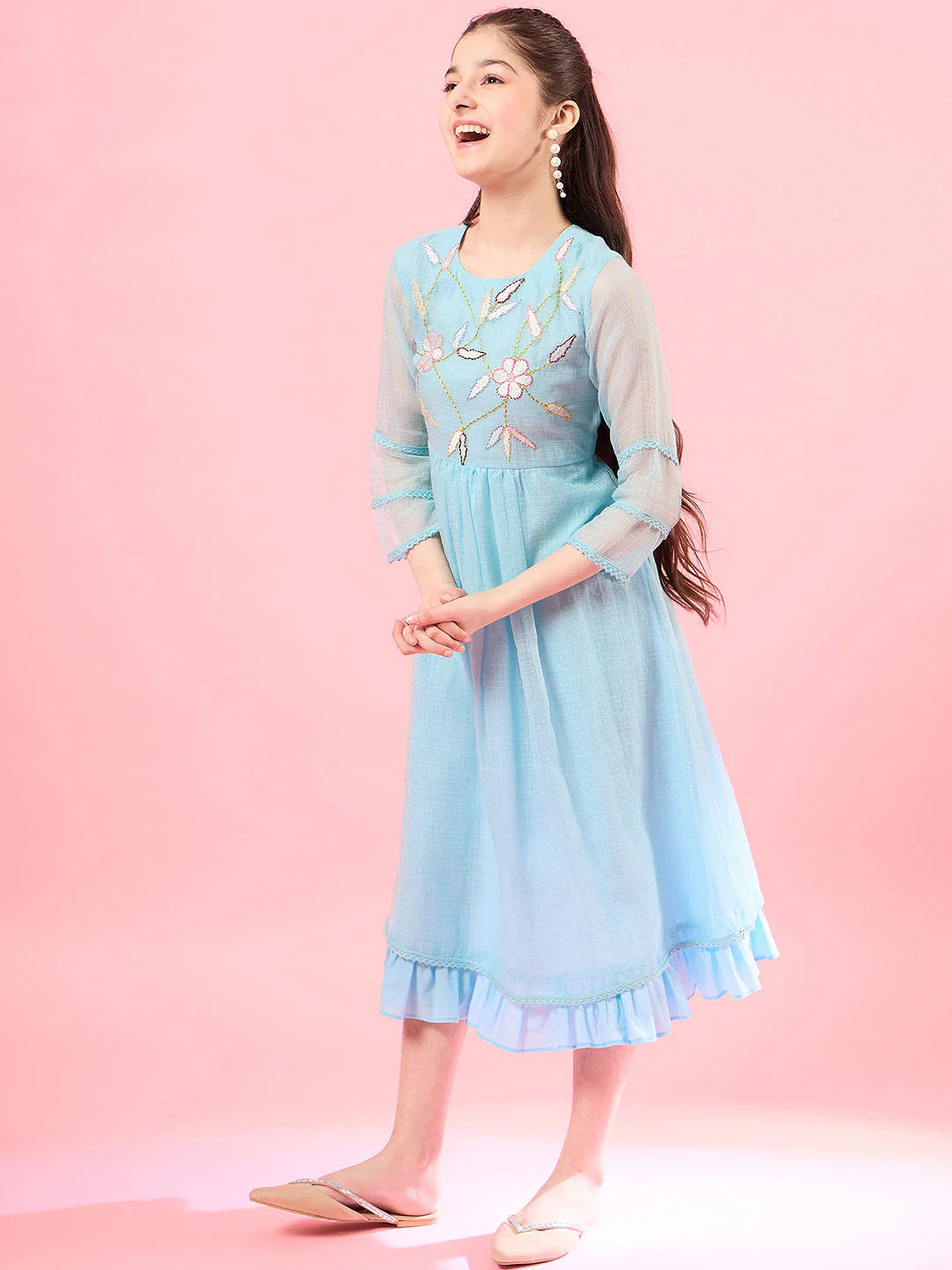 Blue solid self design fit & flare dress Long Sleeves Round Neck Cotton Midi Dress (IW-FIROZIKOTAEMB) - Image 3