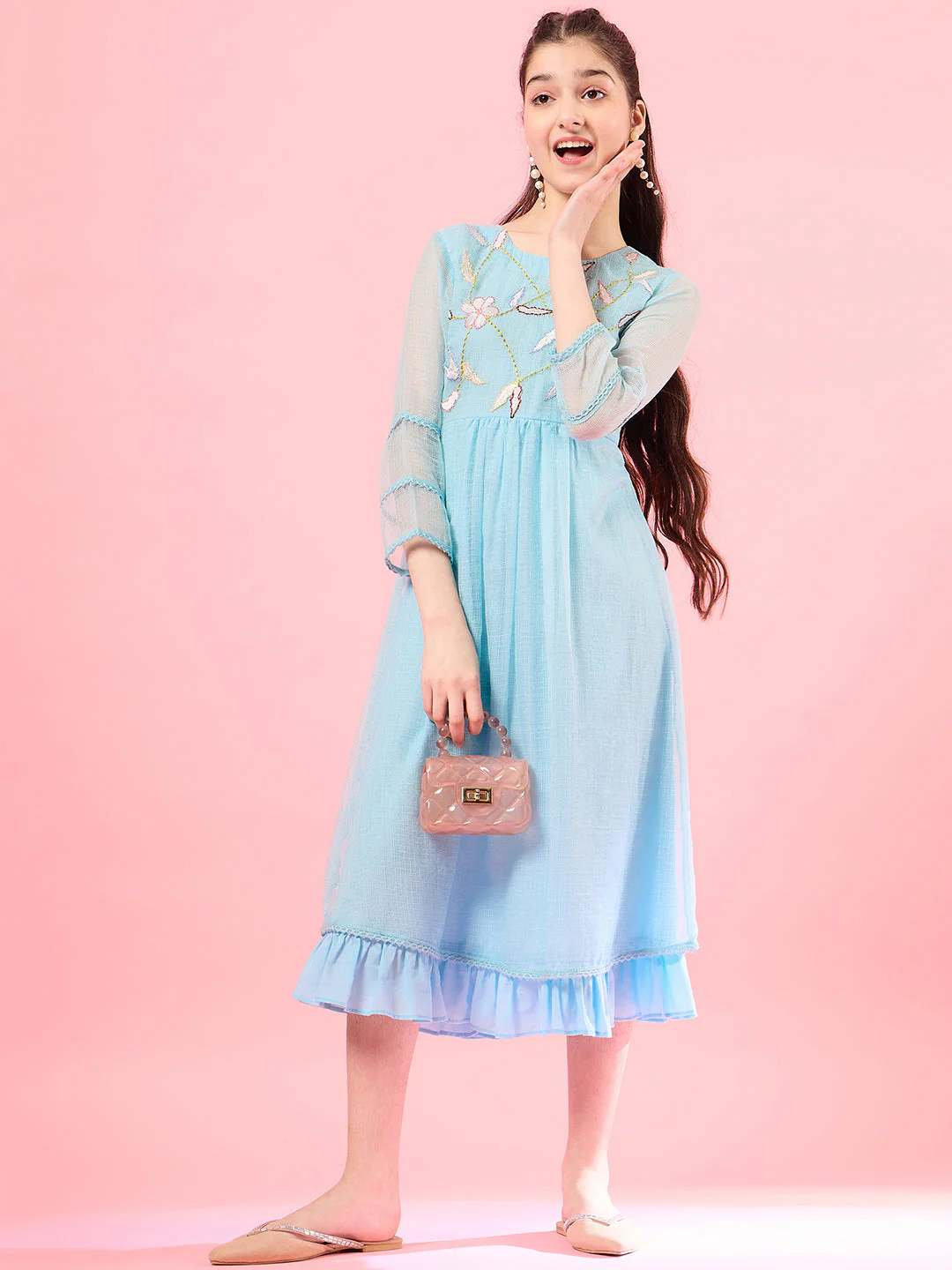 Blue solid self design fit & flare dress Long Sleeves Round Neck Cotton Midi Dress (IW-FIROZIKOTAEMB) - Image 5