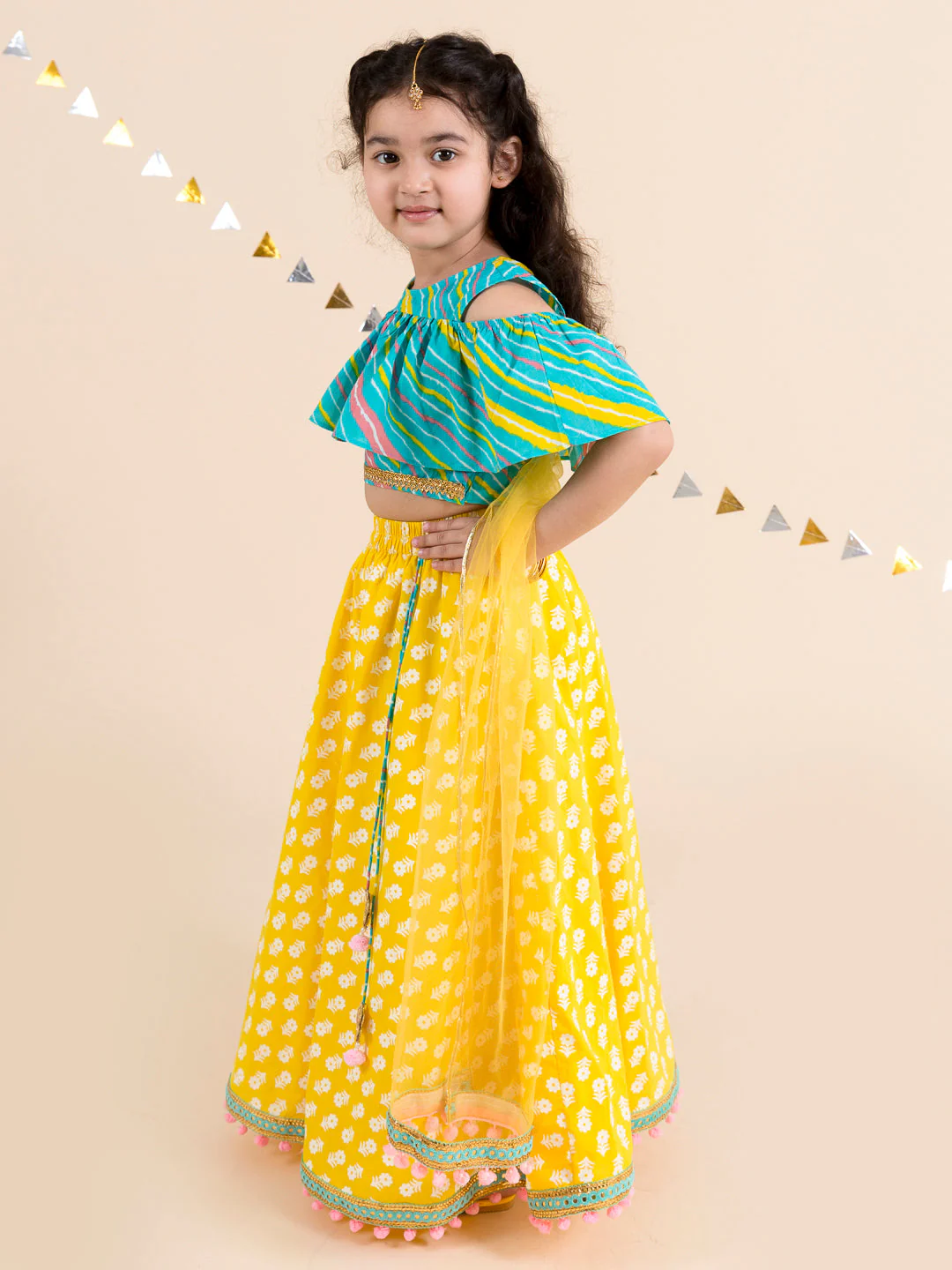 Girls Yellow & Turquoise Blue Printed Ready to Wear Lehenga & Blouse With Dupatta (L-Yellowfoil) - Image 3