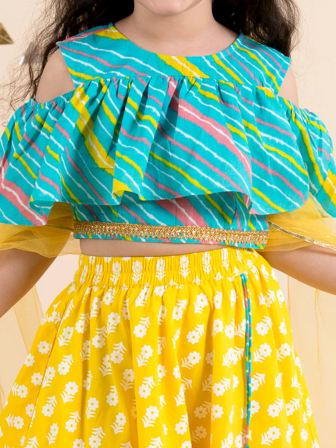 Girls Yellow & Turquoise Blue Printed Ready to Wear Lehenga & Blouse With Dupatta (L-Yellowfoil) - Image 4