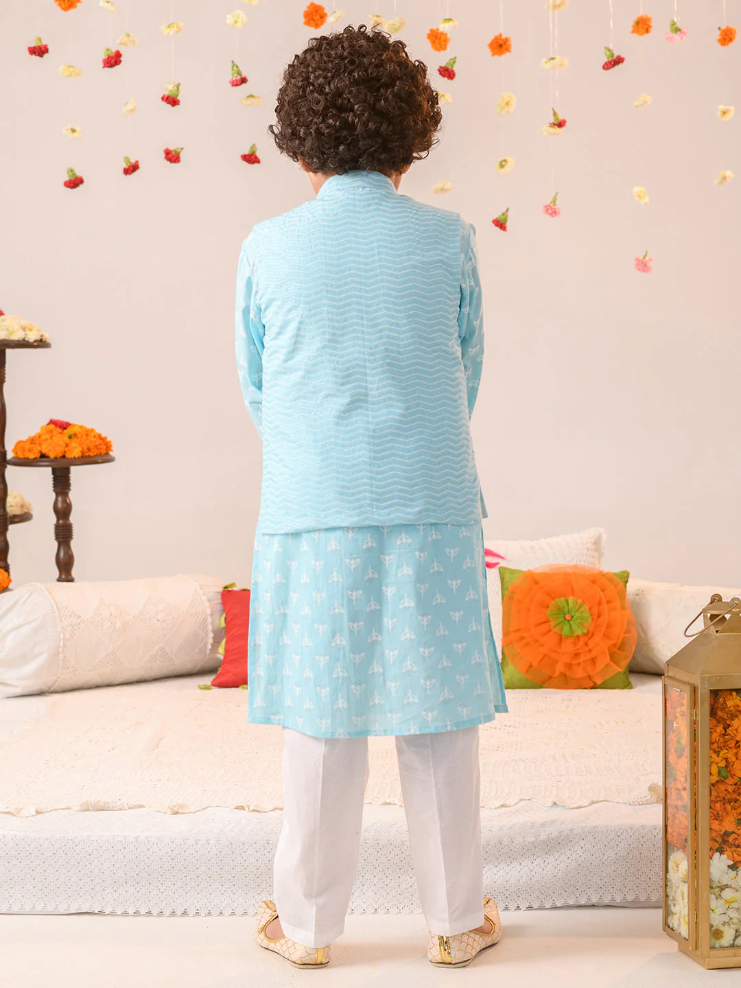 Boys Printed Pure Cotton Kurta with Pyjamas (KP-BLUEKHADDI) - Image 3