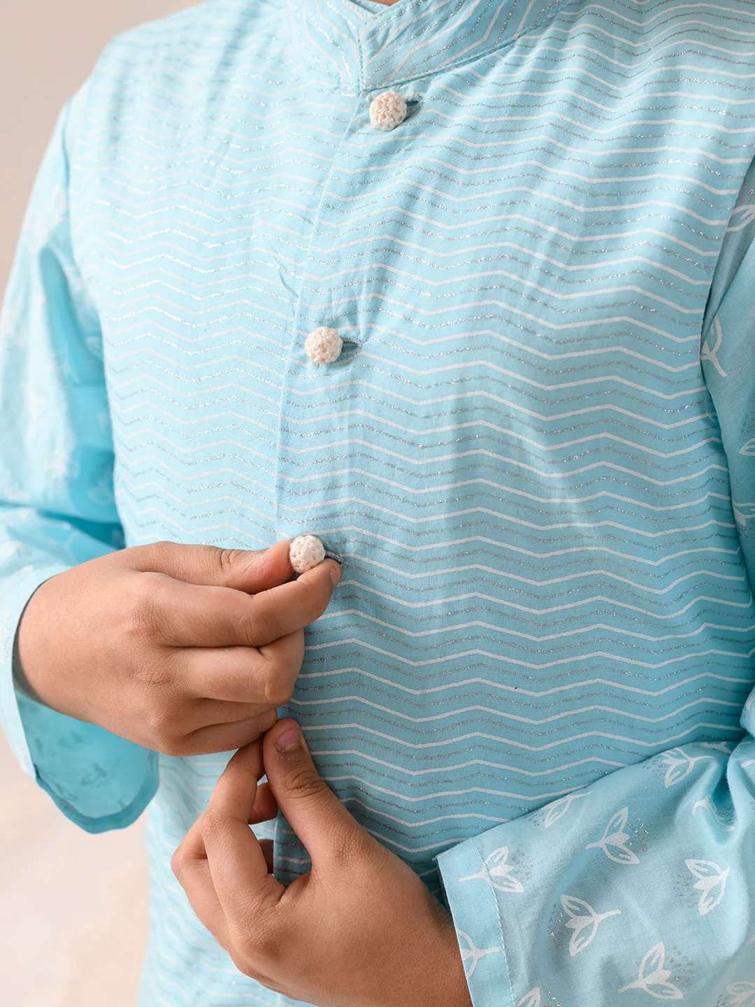 Boys Printed Pure Cotton Kurta with Pyjamas (KP-BLUEKHADDI) - Image 4