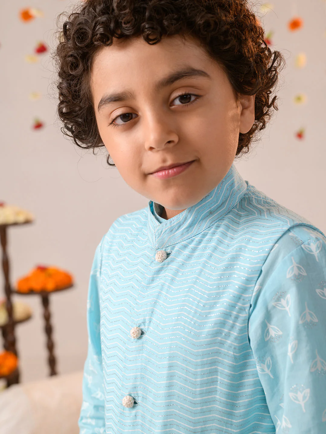 Boys Printed Pure Cotton Kurta with Pyjamas (KP-BLUEKHADDI) - Image 6