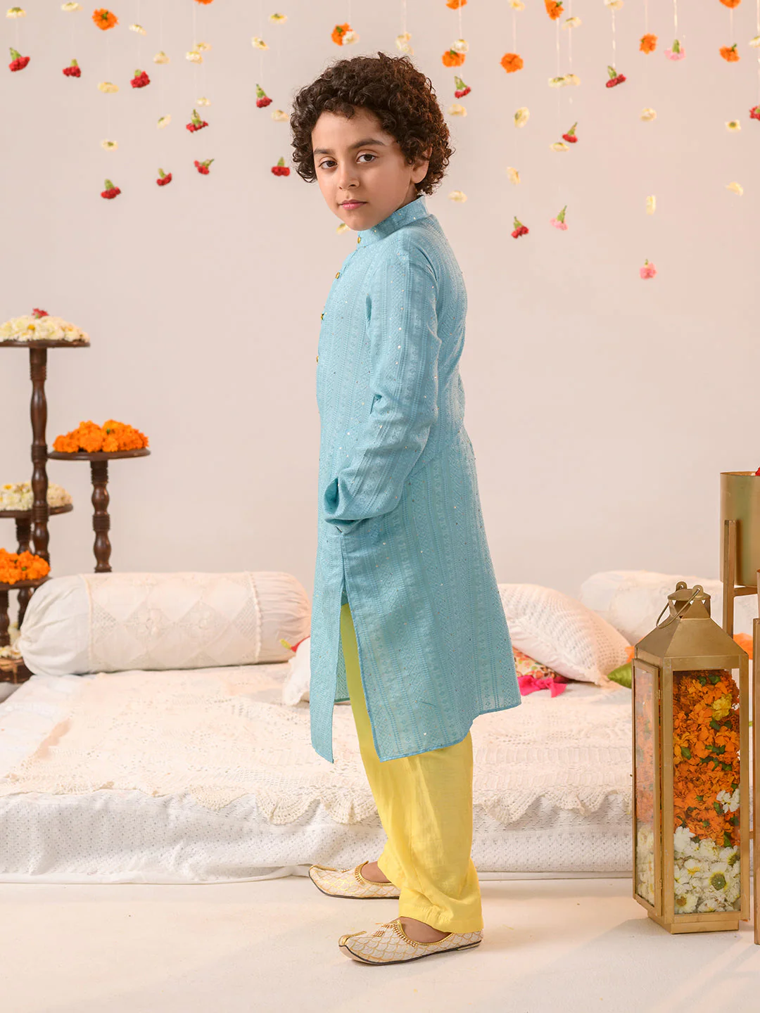 Boys Ethnic Motifs Printed Regular Pure Cotton Kurta With Pyjamas (KP-BLUEYELLOW) - Image 3