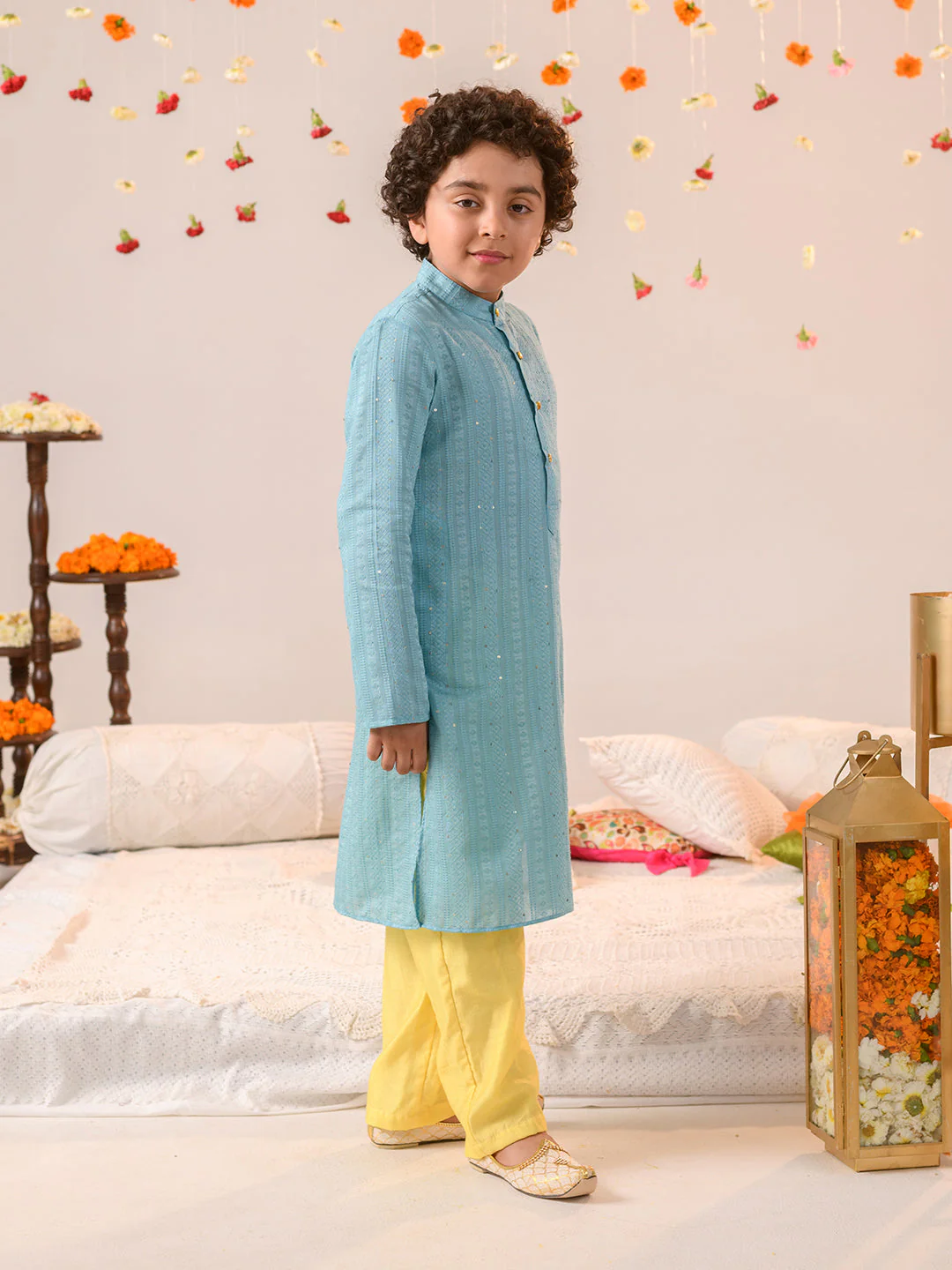 Boys Ethnic Motifs Printed Regular Pure Cotton Kurta With Pyjamas (KP-BLUEYELLOW) - Image 4