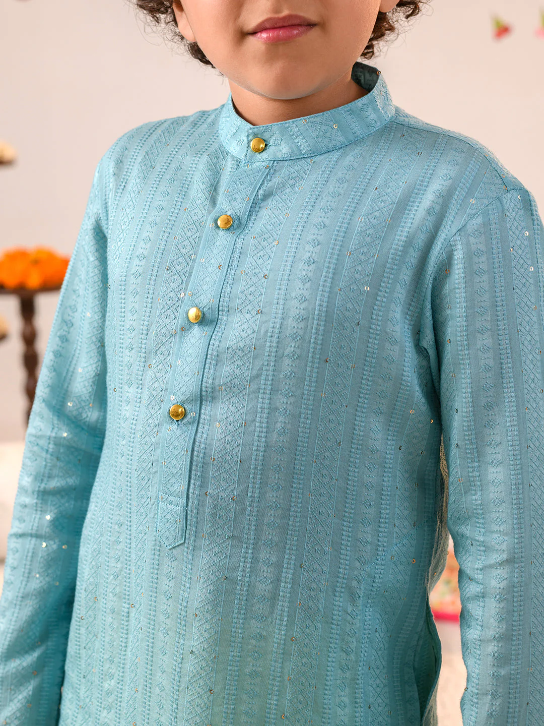 Boys Ethnic Motifs Printed Regular Pure Cotton Kurta With Pyjamas (KP-BLUEYELLOW) - Image 5