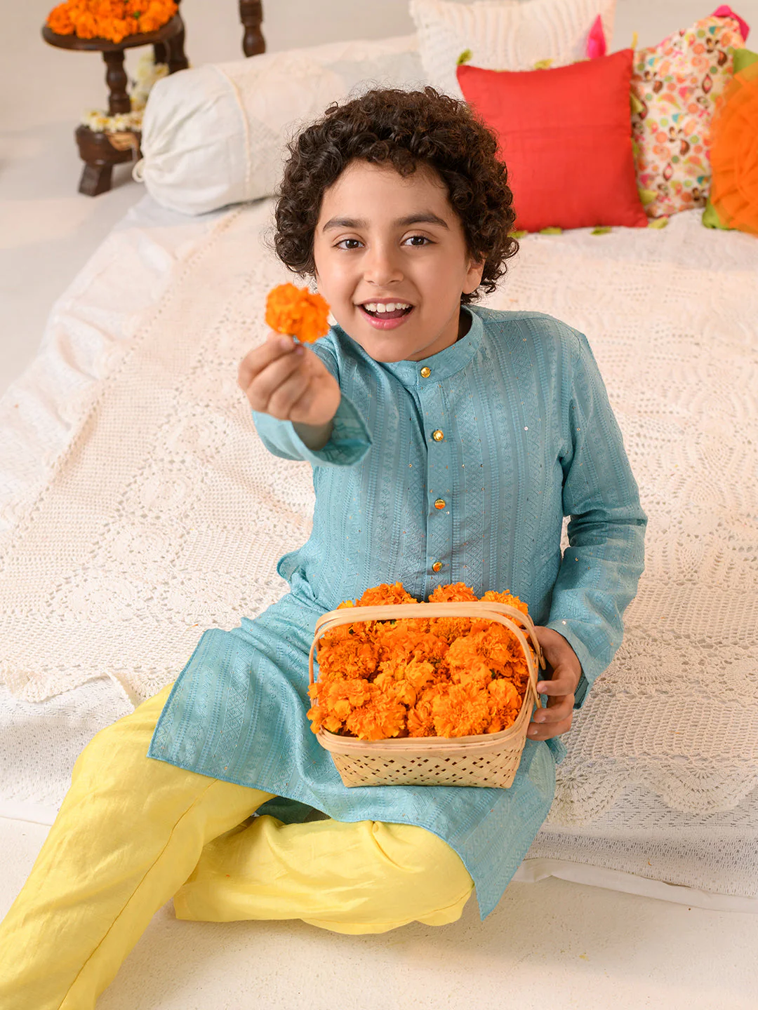 Boys Ethnic Motifs Printed Regular Pure Cotton Kurta With Pyjamas (KP-BLUEYELLOW) - Image 6