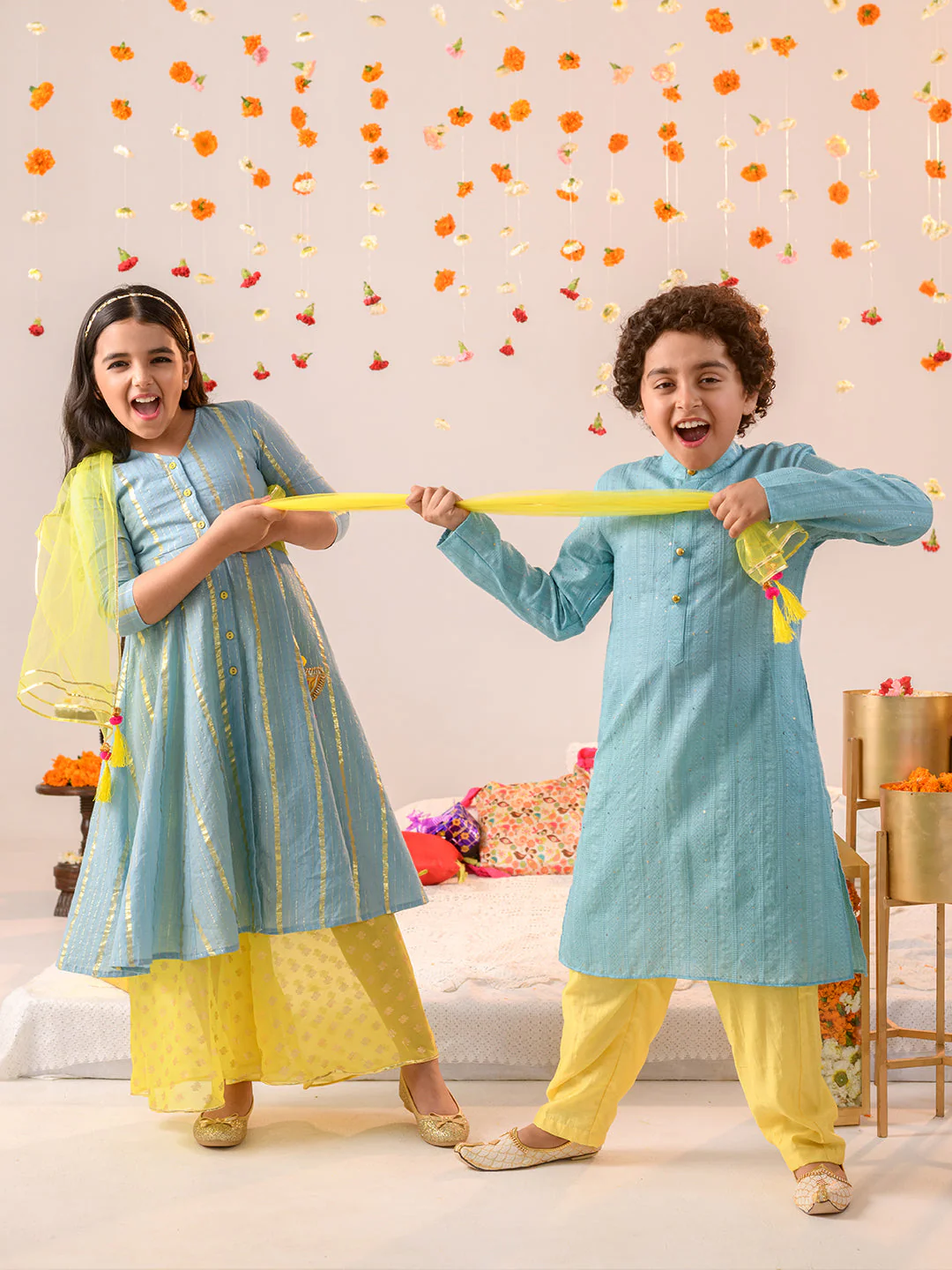 Boys Ethnic Motifs Printed Regular Pure Cotton Kurta With Pyjamas (KP-BLUEYELLOW) - Image 7