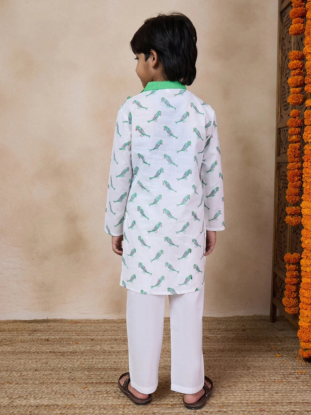 Boys Mandarin Collar Printed Regular Kurta With Pyjamas (KP-GREENPARROT) - Image 4