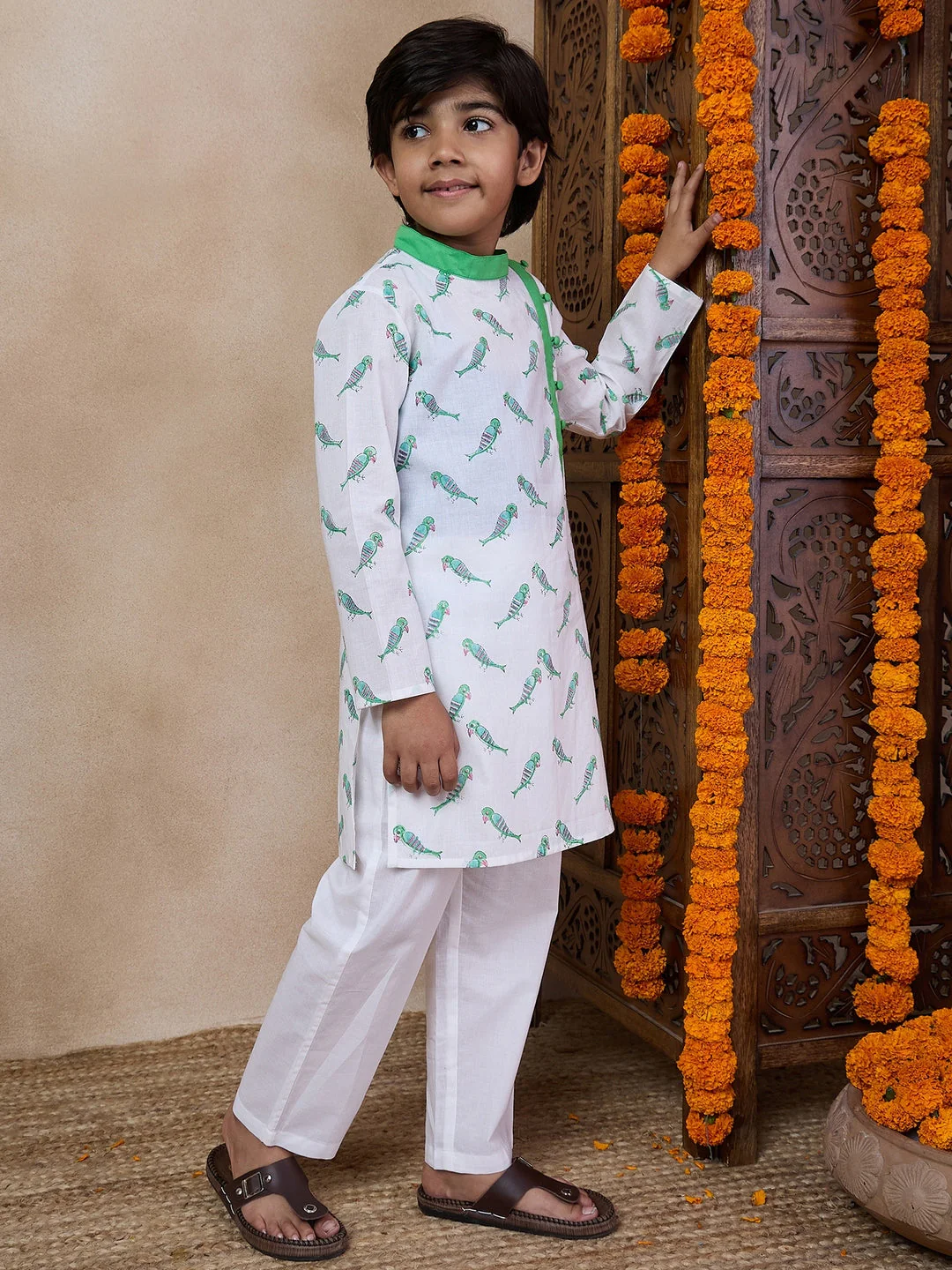 Boys Mandarin Collar Printed Regular Kurta With Pyjamas (KP-GREENPARROT) - Image 5