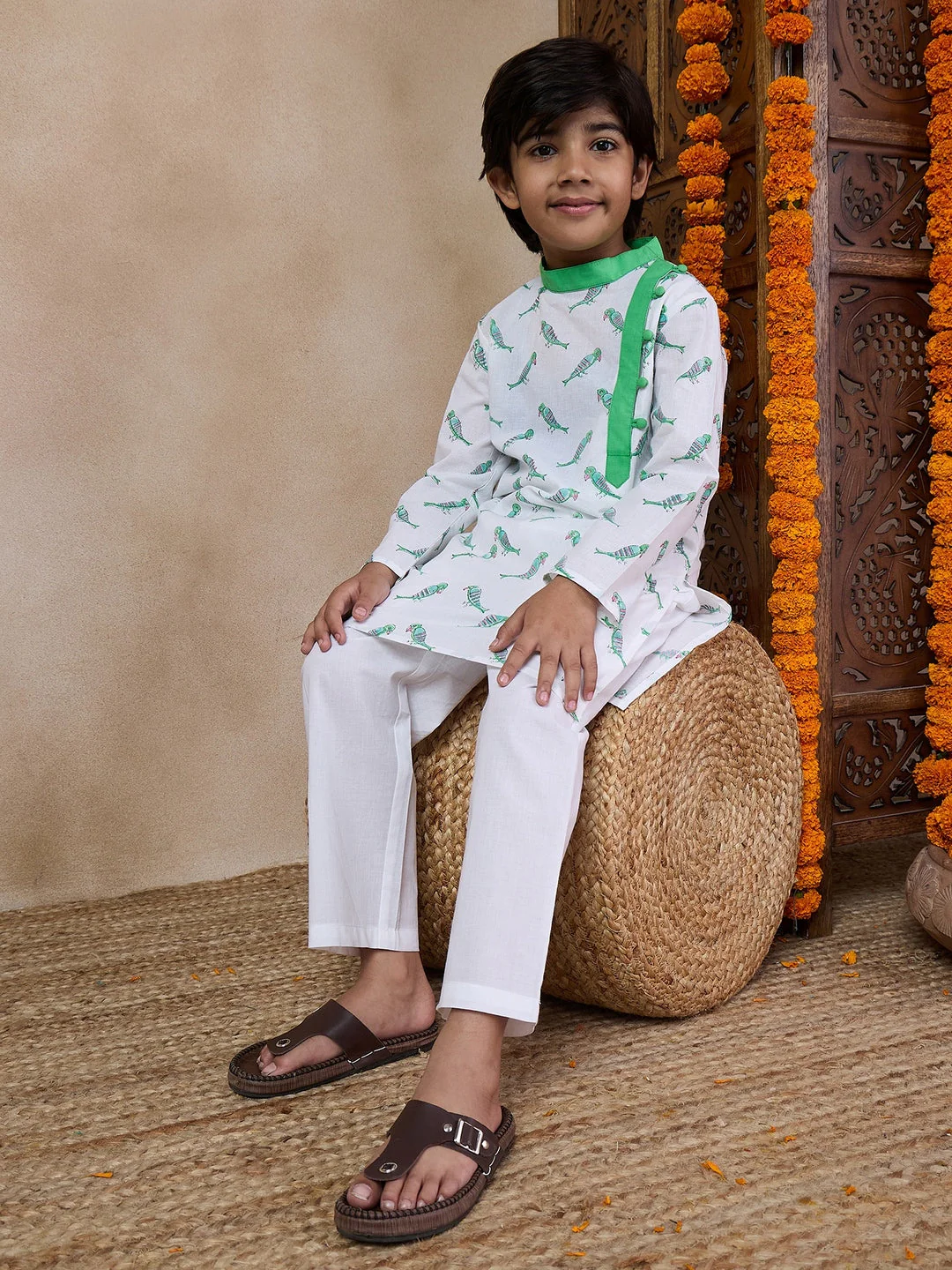 Boys Mandarin Collar Printed Regular Kurta With Pyjamas (KP-GREENPARROT) - Image 6