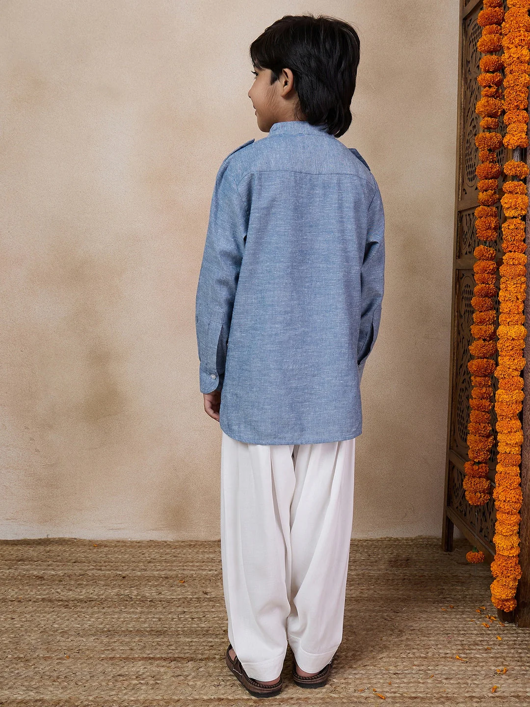 Boys Band Collar Straight Kurta With Salwar (KP-GREYCHEMBREY) - Image 4
