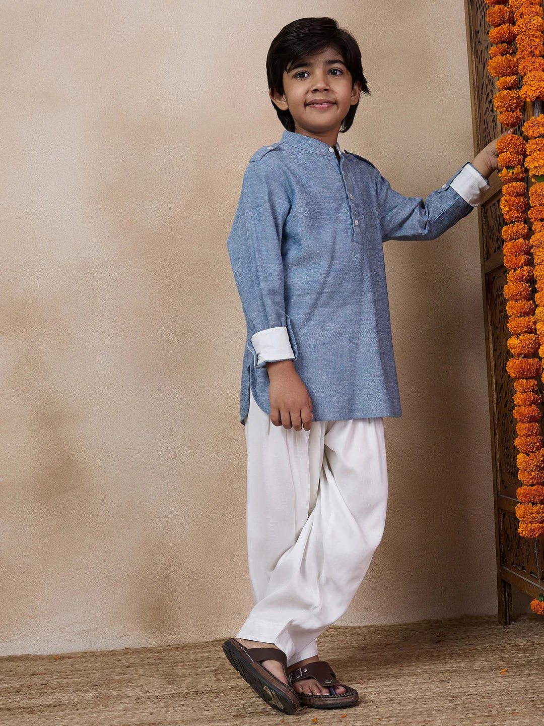 Boys Band Collar Straight Kurta With Salwar (KP-GREYCHEMBREY) - Image 5
