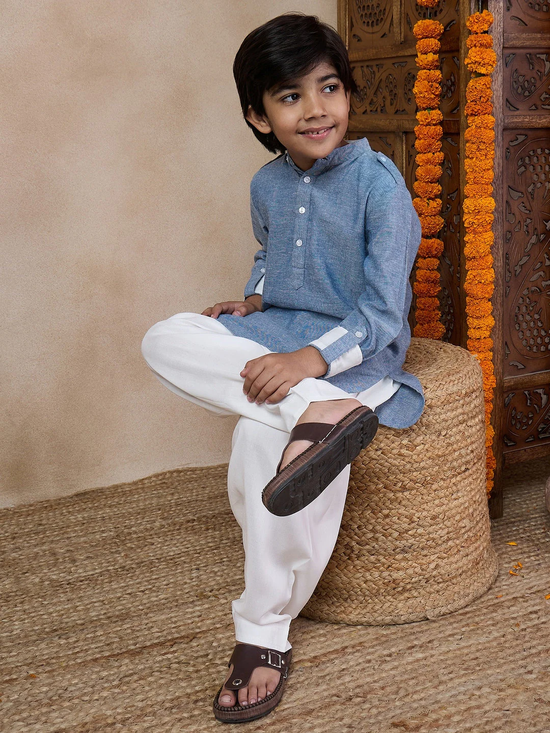 Boys Band Collar Straight Kurta With Salwar (KP-GREYCHEMBREY) - Image 6