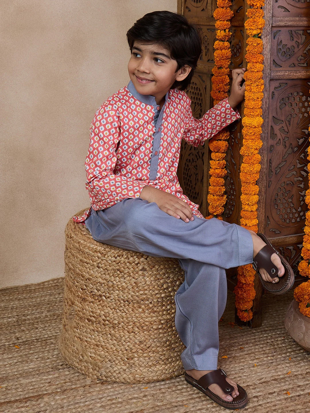 Boys Mandarin Collar Floral Printed Regular Kurta With Pyjamas (KP-GREYPEACH) - Image 6