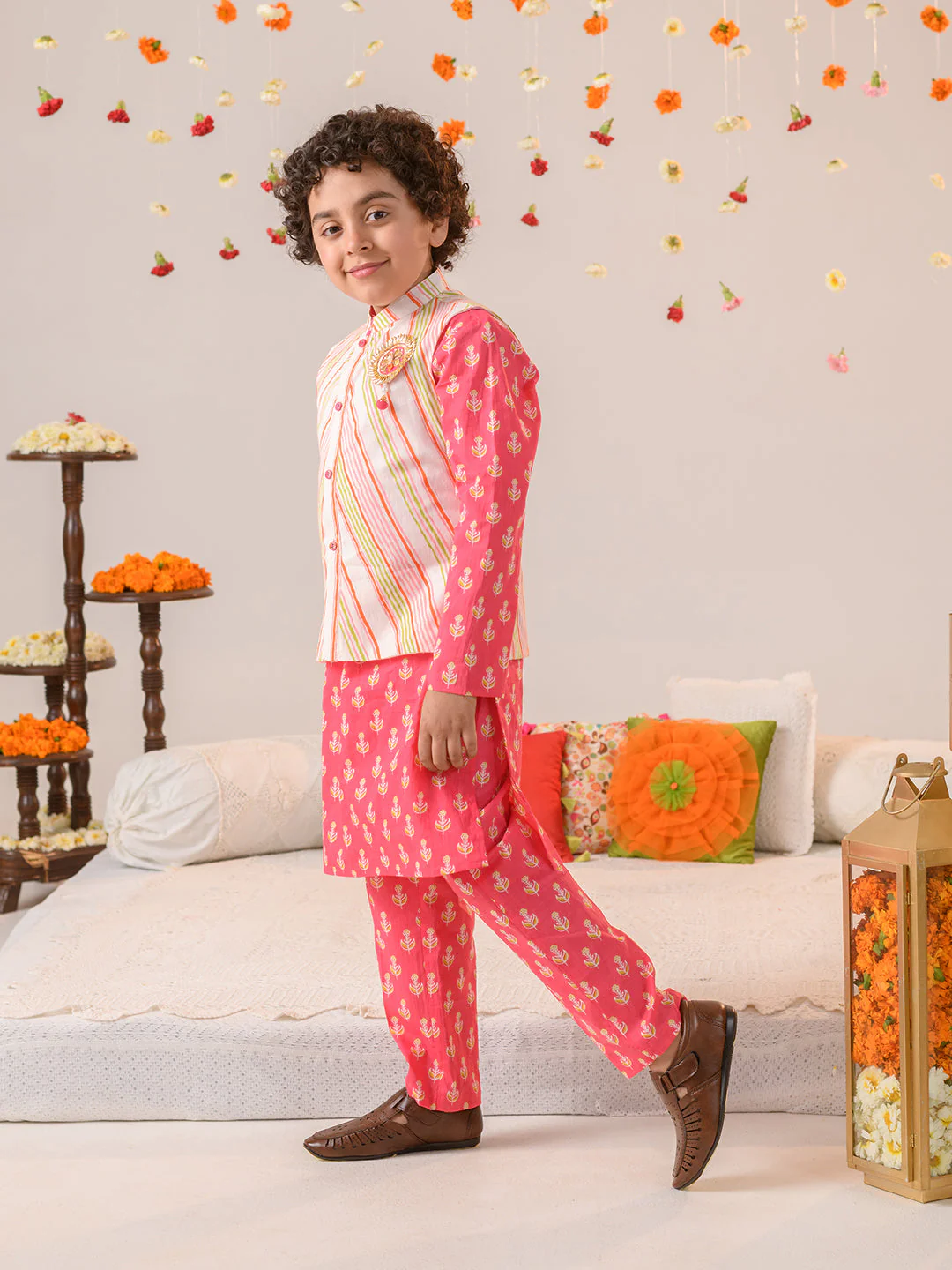 Boys Ethnic Motifs Printed Pure Cotton Kurta with Pyjamas & Nahru Jacket (KP-MULTISTRIPE) - Image 3