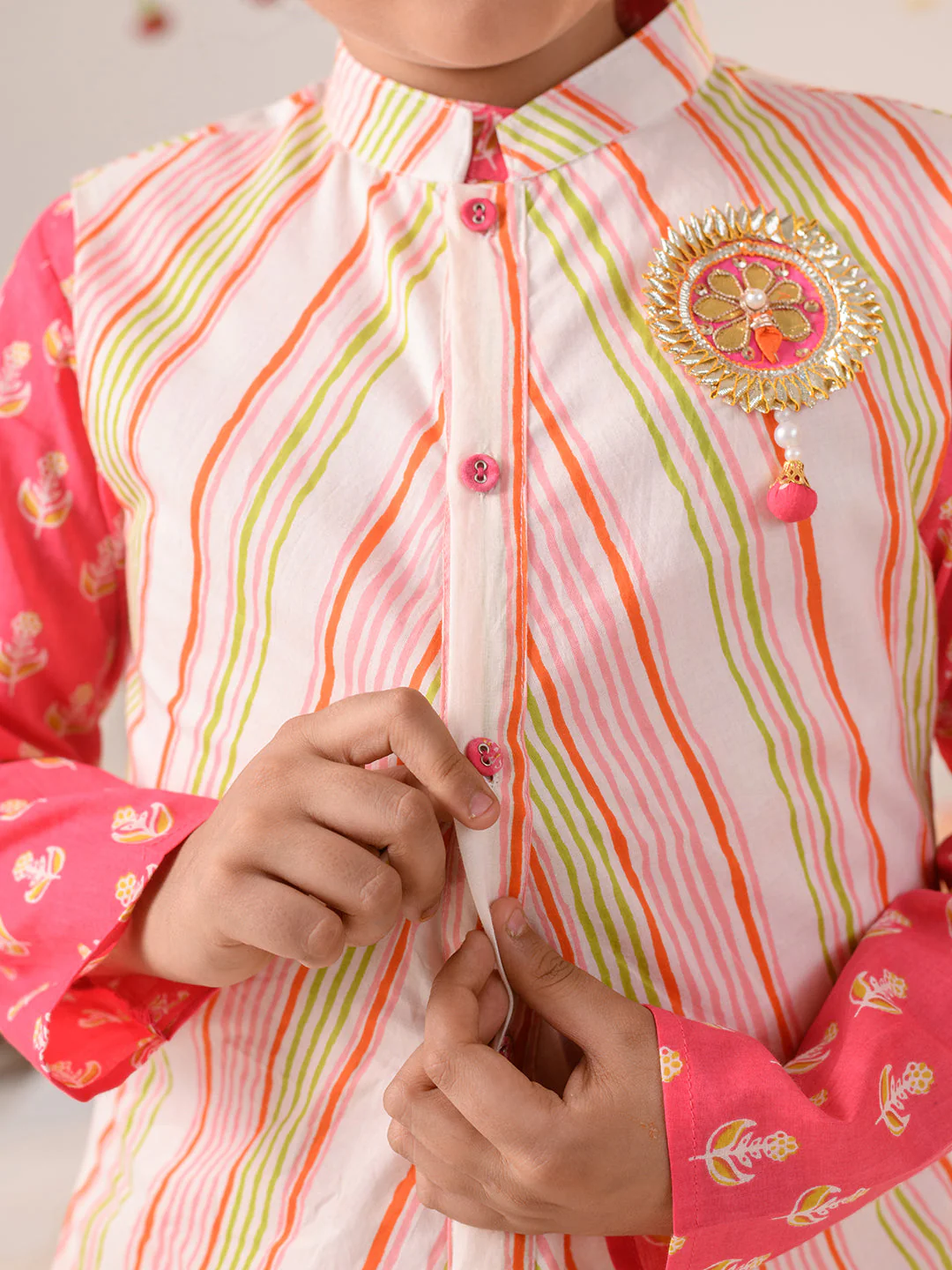 Boys Ethnic Motifs Printed Pure Cotton Kurta with Pyjamas & Nahru Jacket (KP-MULTISTRIPE) - Image 5