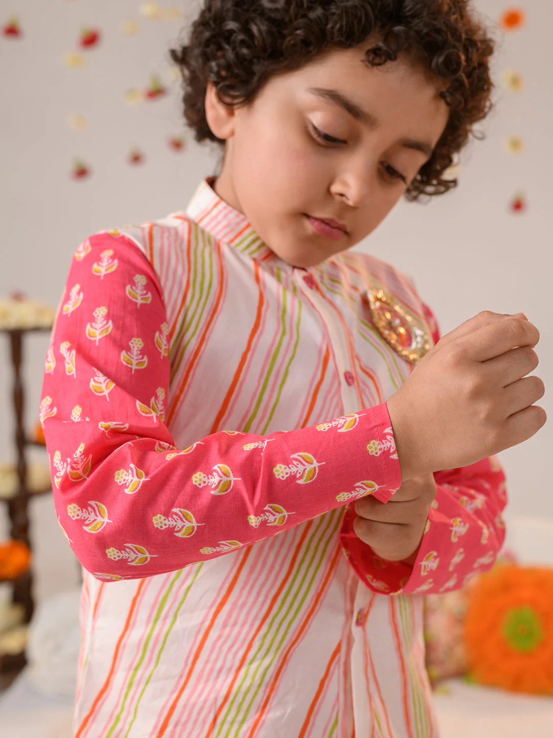 Boys Ethnic Motifs Printed Pure Cotton Kurta with Pyjamas & Nahru Jacket (KP-MULTISTRIPE) - Image 6