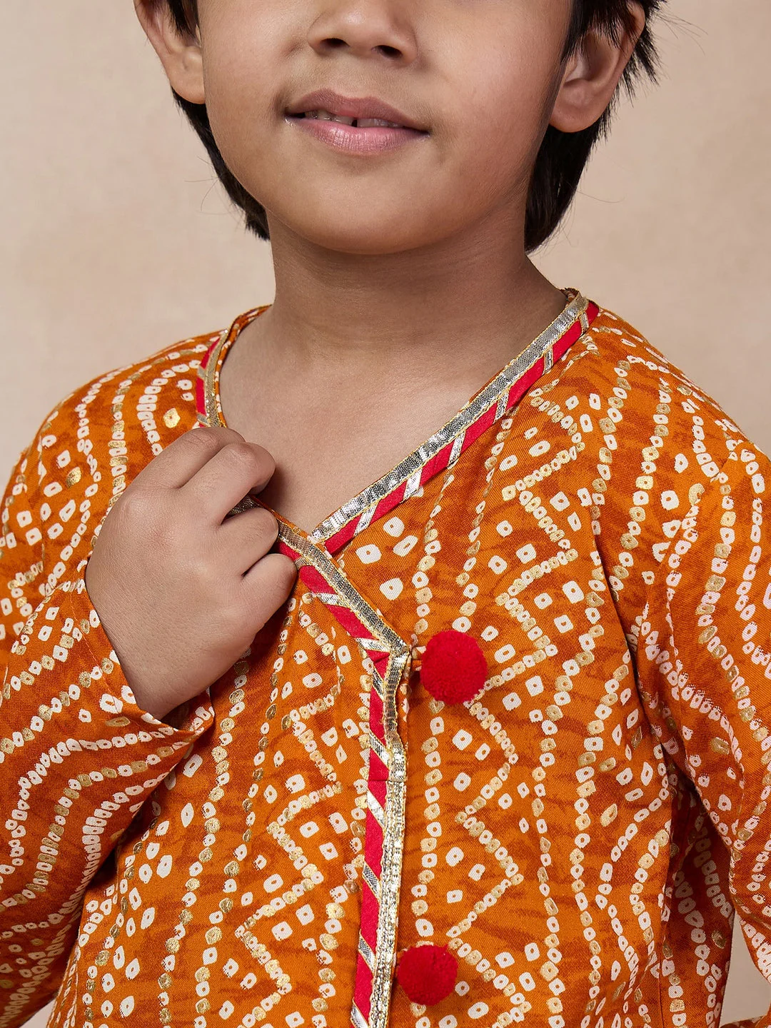 Boys Bandhani Printed V Neck Gotta Patti Kurta With Dhoti Pants (KP-MUSTARDBANDHNI) - Image 3