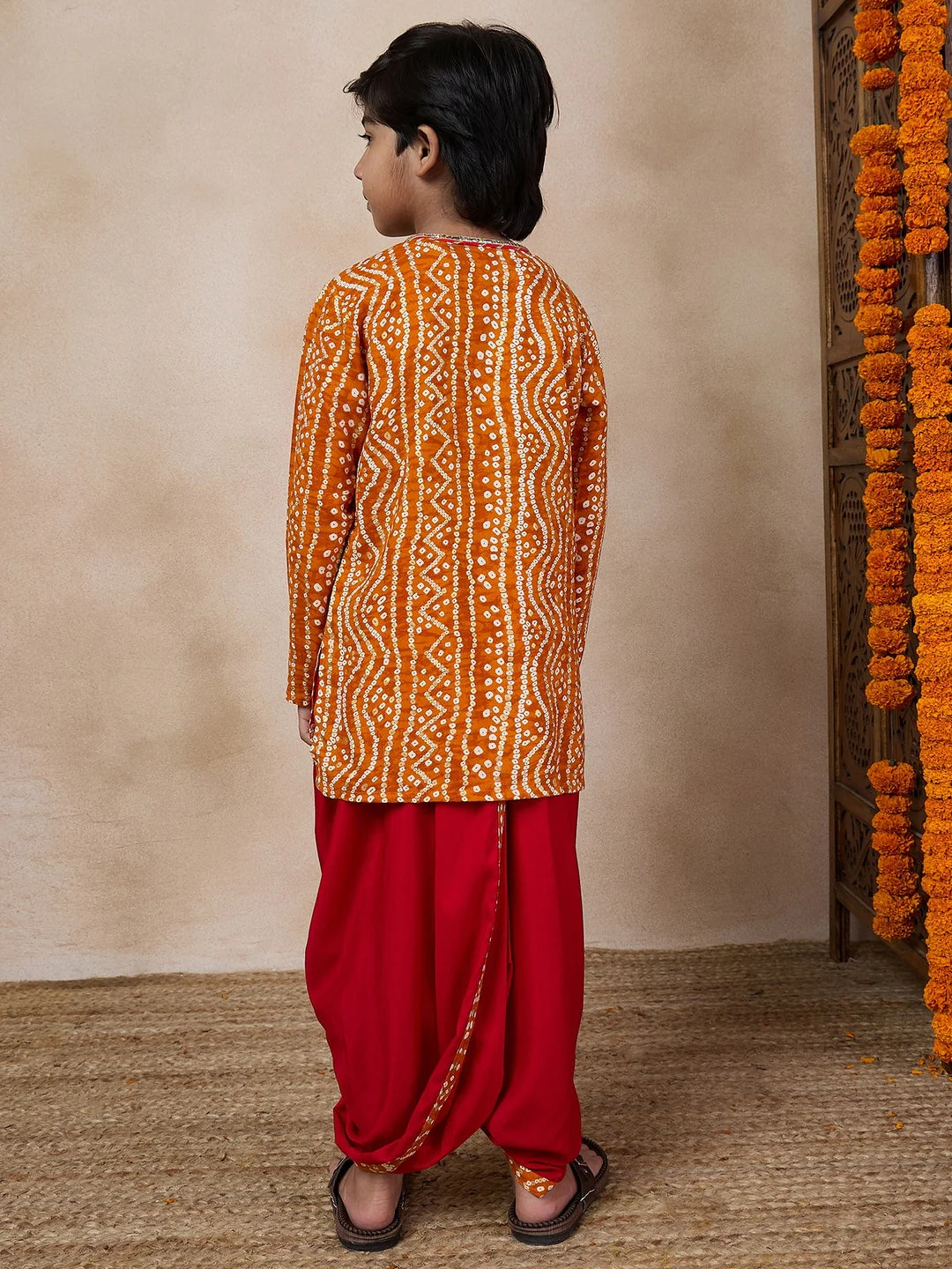 Boys Bandhani Printed V Neck Gotta Patti Kurta With Dhoti Pants (KP-MUSTARDBANDHNI) - Image 4
