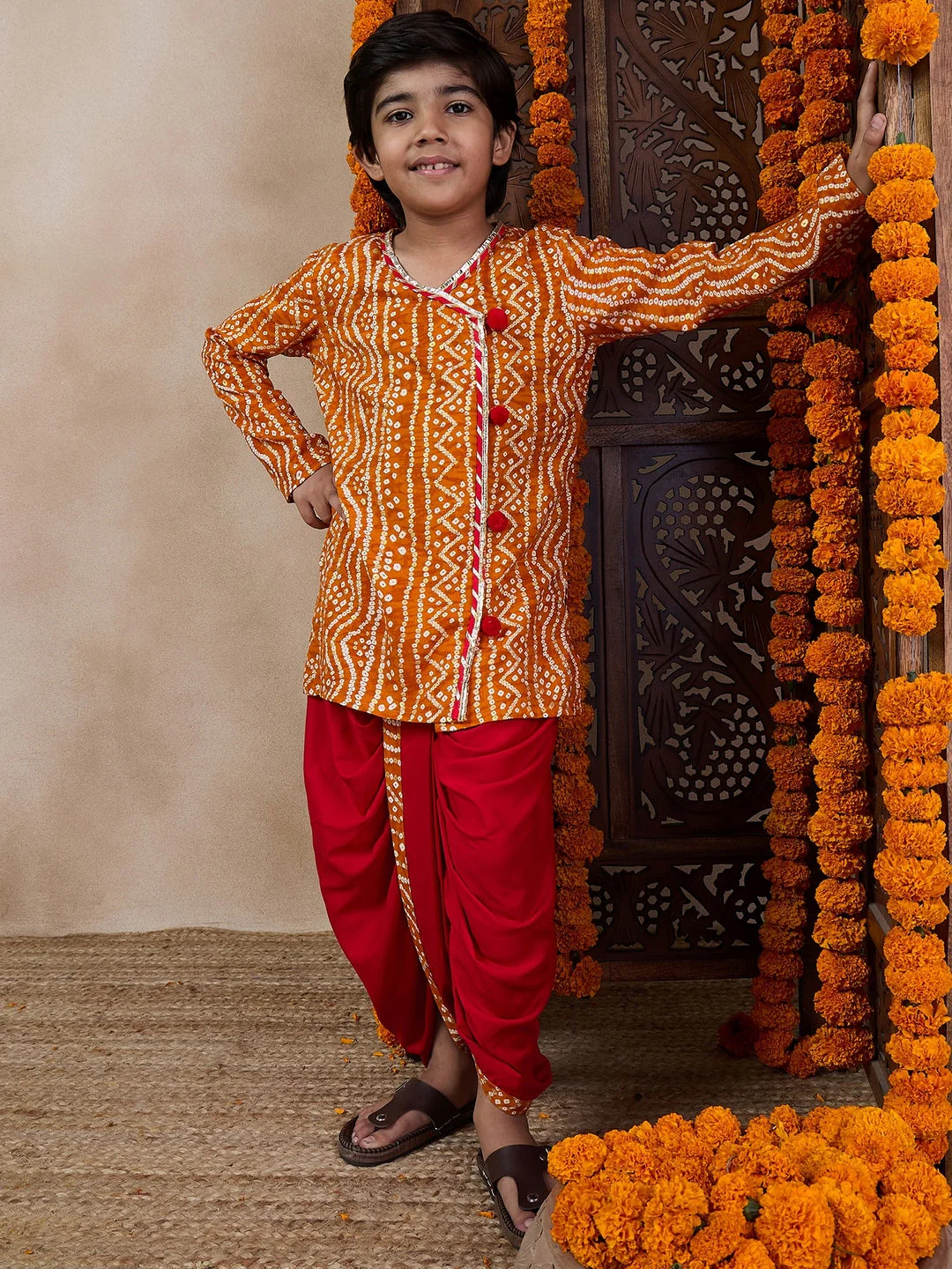 Boys Bandhani Printed V Neck Gotta Patti Kurta With Dhoti Pants (KP-MUSTARDBANDHNI) - Image 5