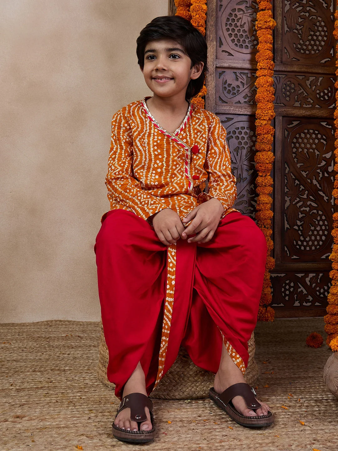 Boys Bandhani Printed V Neck Gotta Patti Kurta With Dhoti Pants (KP-MUSTARDBANDHNI) - Image 6