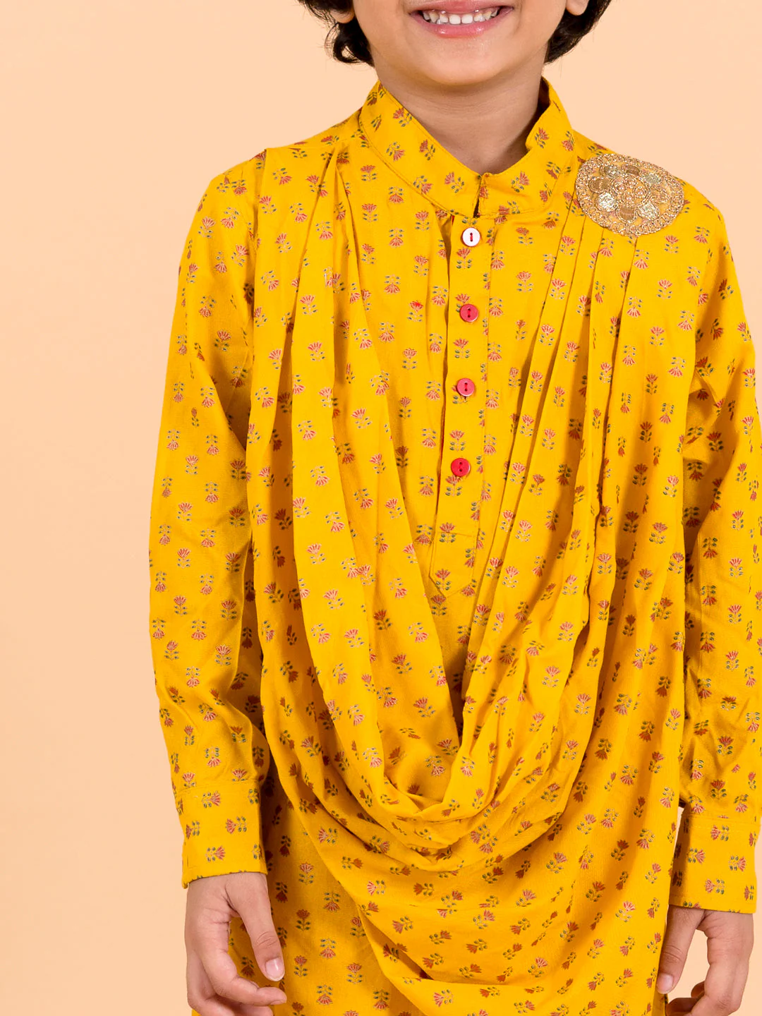 Pspeaches Boys Mustard Yellow Floral Pure Cotton Kurti with Trousers & Dupatta (KP-mustardcowl) - Image 4