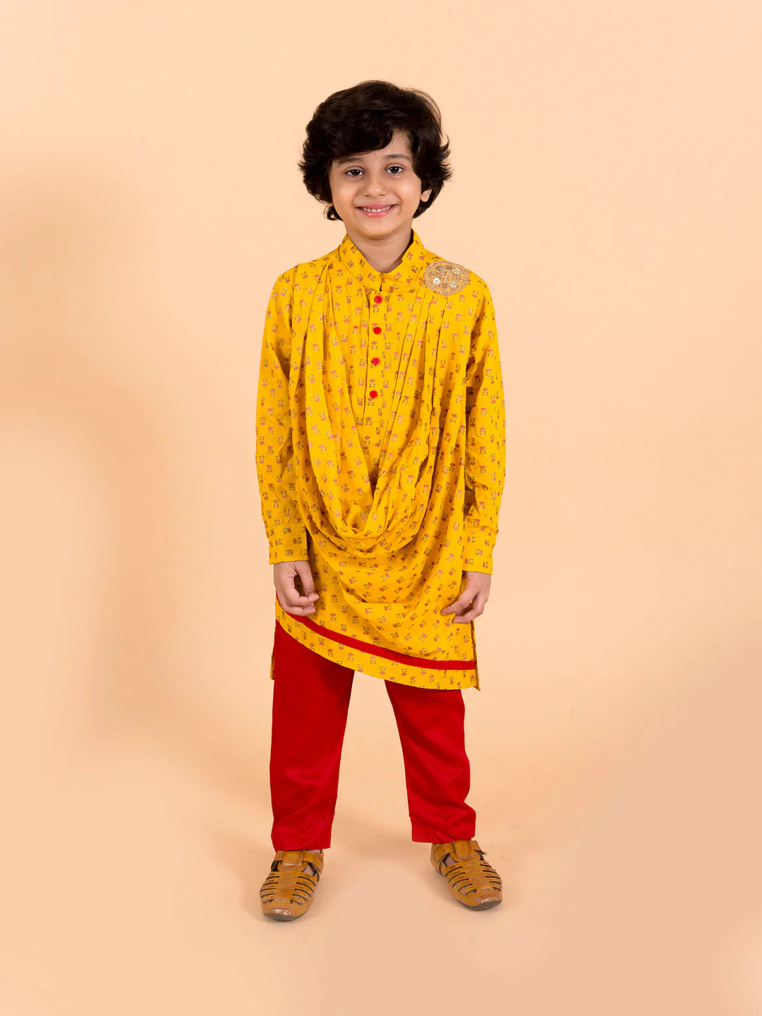 Pspeaches Boys Mustard Yellow Floral Pure Cotton Kurti with Trousers & Dupatta (KP-mustardcowl) - Image 5