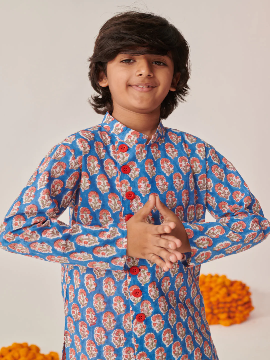 Boys Floral Printed Regular Kurta With Dhoti Pants (KP-ORANGEBLUE) - Image 3