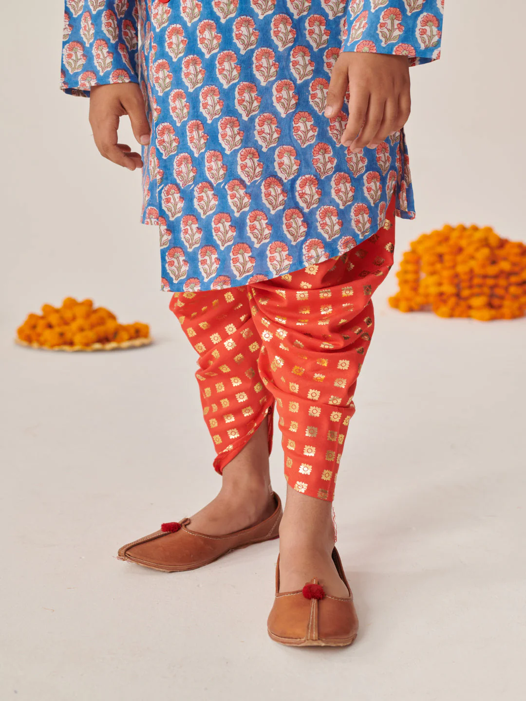Boys Floral Printed Regular Kurta With Dhoti Pants (KP-ORANGEBLUE) - Image 4