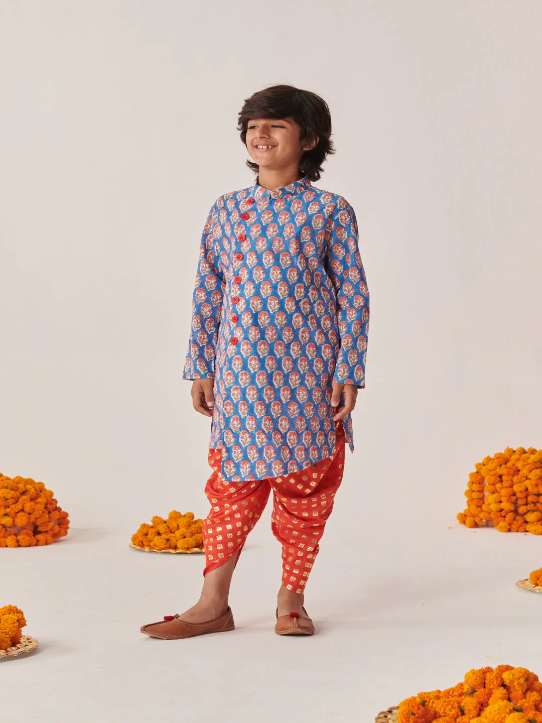 Boys Floral Printed Regular Kurta With Dhoti Pants (KP-ORANGEBLUE) - Image 5