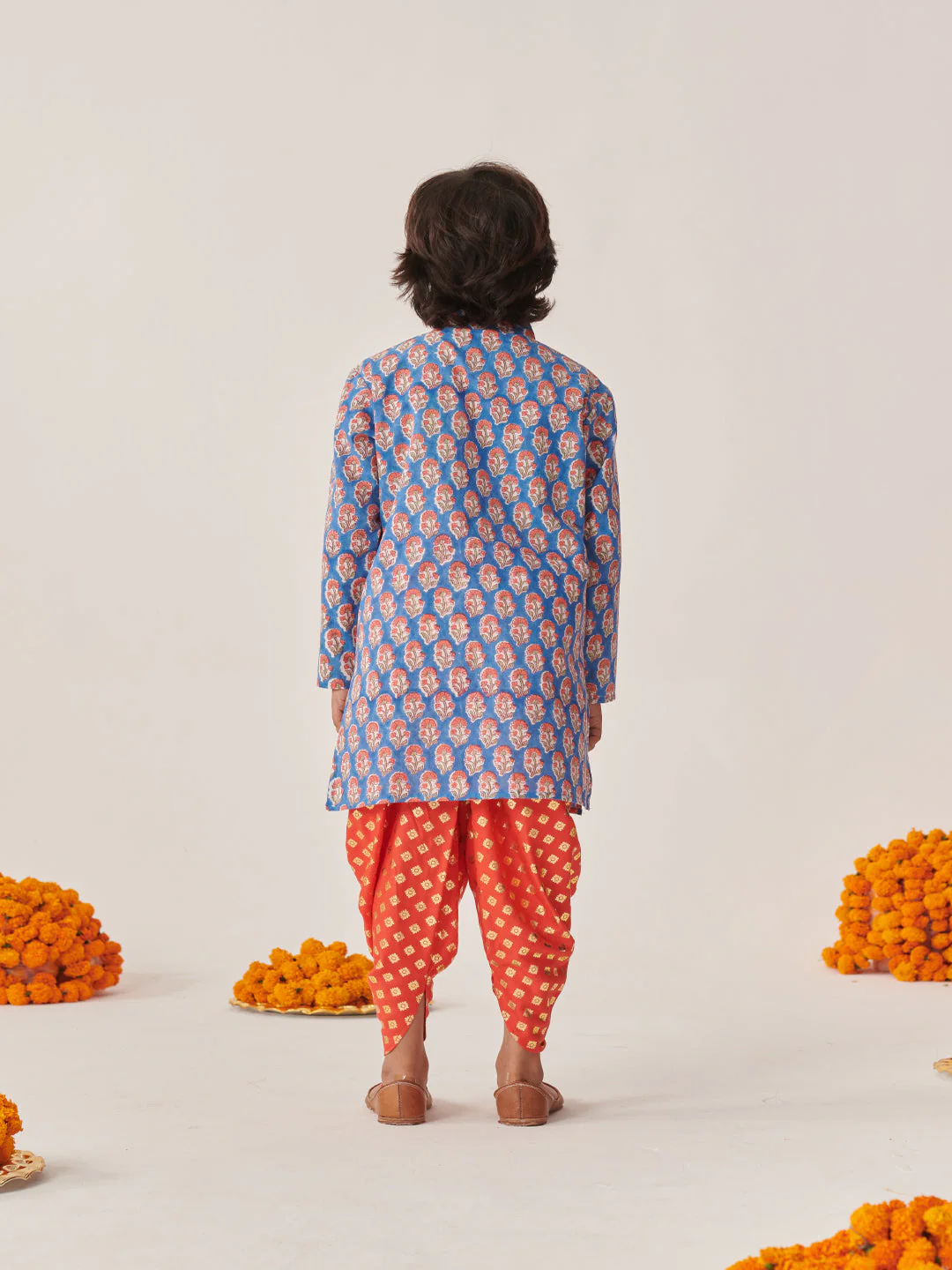 Boys Floral Printed Regular Kurta With Dhoti Pants (KP-ORANGEBLUE) - Image 6