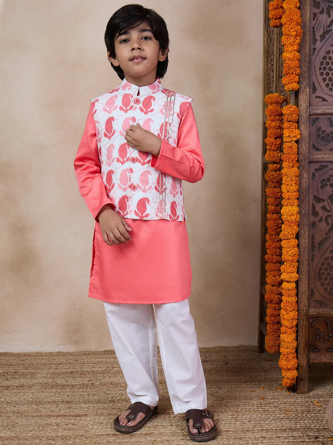 Boys Mandarin Collar Long Sleeves Straight Kurta With Pyjamas Jacket (KP-PEACHDOBBY) - Image 3