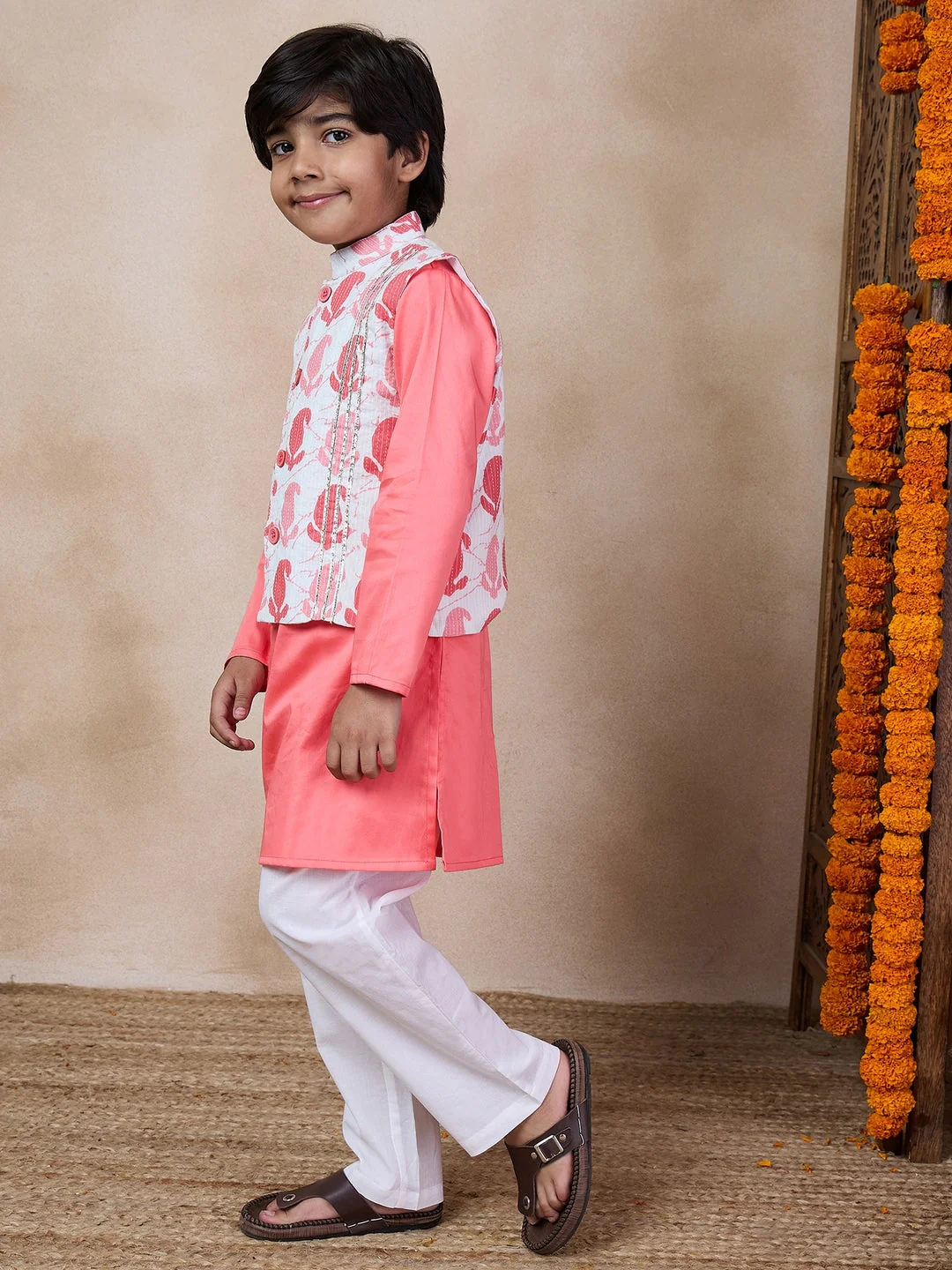Boys Mandarin Collar Long Sleeves Straight Kurta With Pyjamas Jacket (KP-PEACHDOBBY) - Image 4