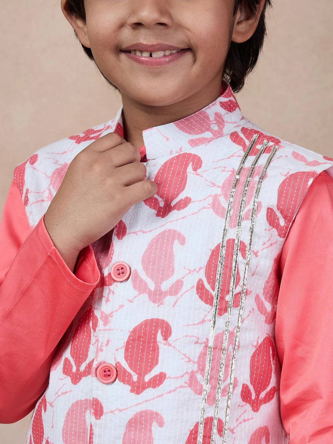 Boys Mandarin Collar Long Sleeves Straight Kurta With Pyjamas Jacket (KP-PEACHDOBBY) - Image 5