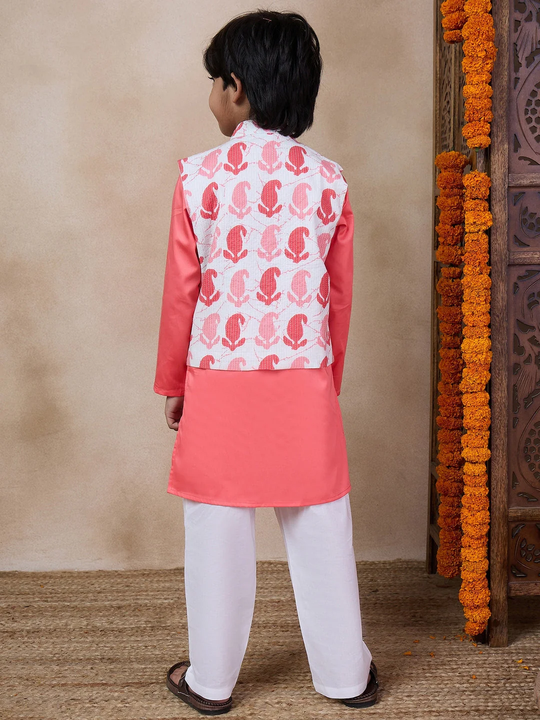 Boys Mandarin Collar Long Sleeves Straight Kurta With Pyjamas Jacket (KP-PEACHDOBBY) - Image 6